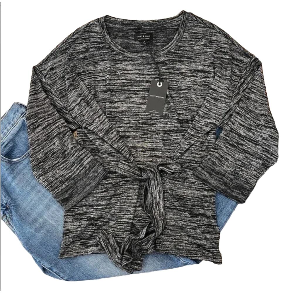 NWT Lucky Brand Black/Grey Spacedye Knit Tie Front Top - SIZE SMALL